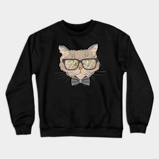 Funny Cat Wearing Bow Tie and Glasses - Cats Illustration Crewneck Sweatshirt